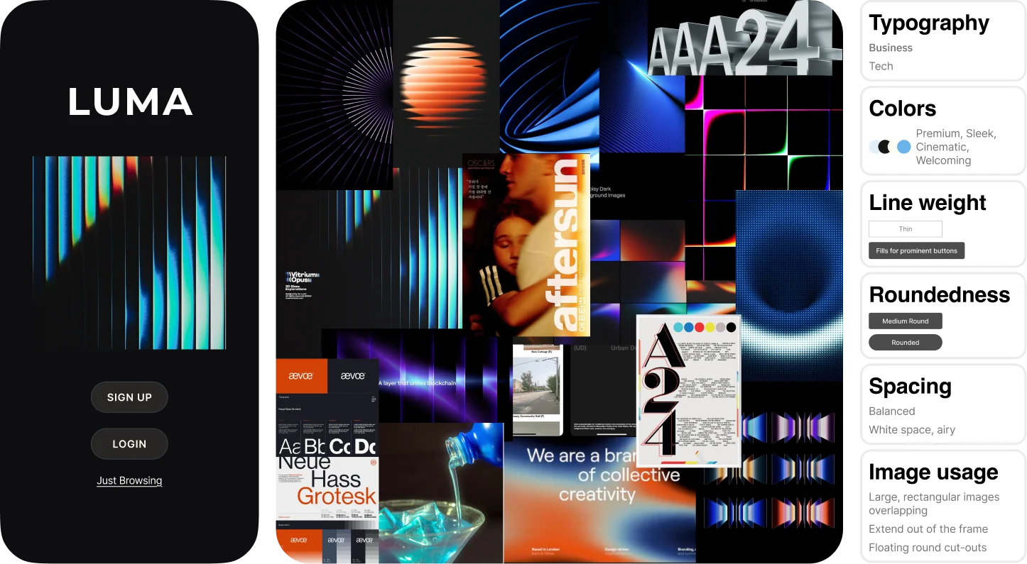 Direction 1, Lume, the Chromatic Chamber: a dark sign-up screen beside a moodboard of neon light and cinematic posters. Typography business and tech; colors premium, sleek, cinematic; thin lines; medium-round corners; airy spacing.