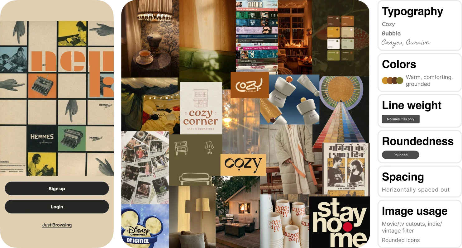 Direction 2, neuk, the Cozy Collective: a cream sign-up screen with vintage collage beside a moodboard of lamps, blankets, and warm interiors. Cozy, bubbly type; warm earthy colors; no lines; rounded shapes.