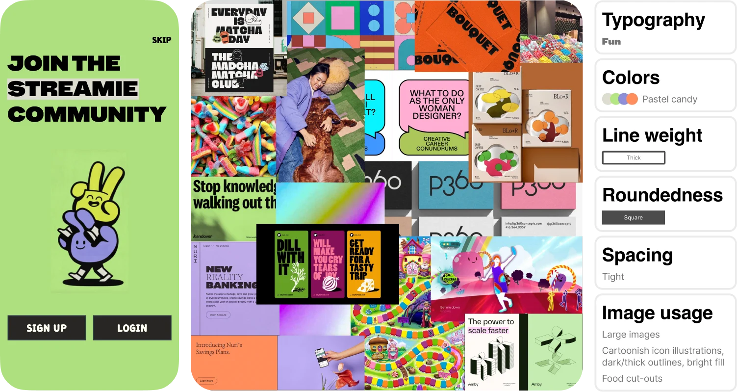 Direction 3, Streamie, the Sugar Stream: a lime-green community sign-up screen with a cartoon hand beside a moodboard of candy colors and playful illustrations. Fun type; pastel candy colors; thick lines; square corners; tight spacing.
