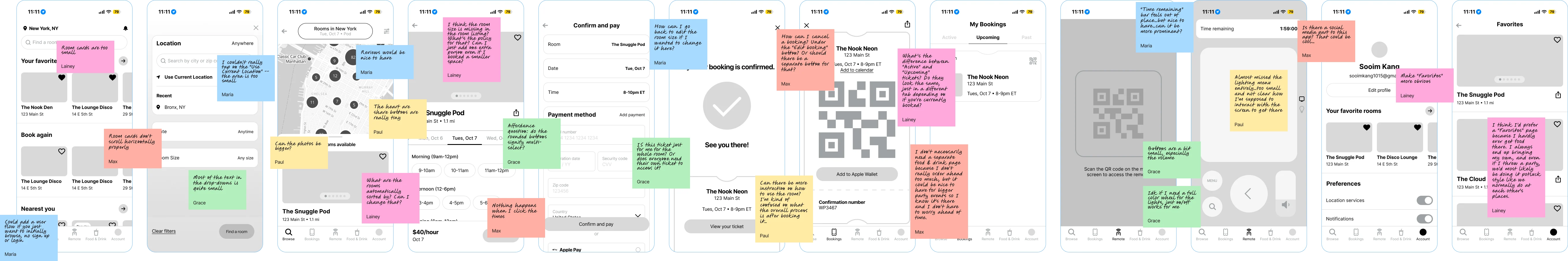 Low-fidelity wireframes covered in testers’ sticky notes