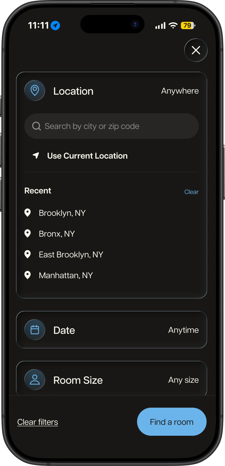Filters: location, with recent searches