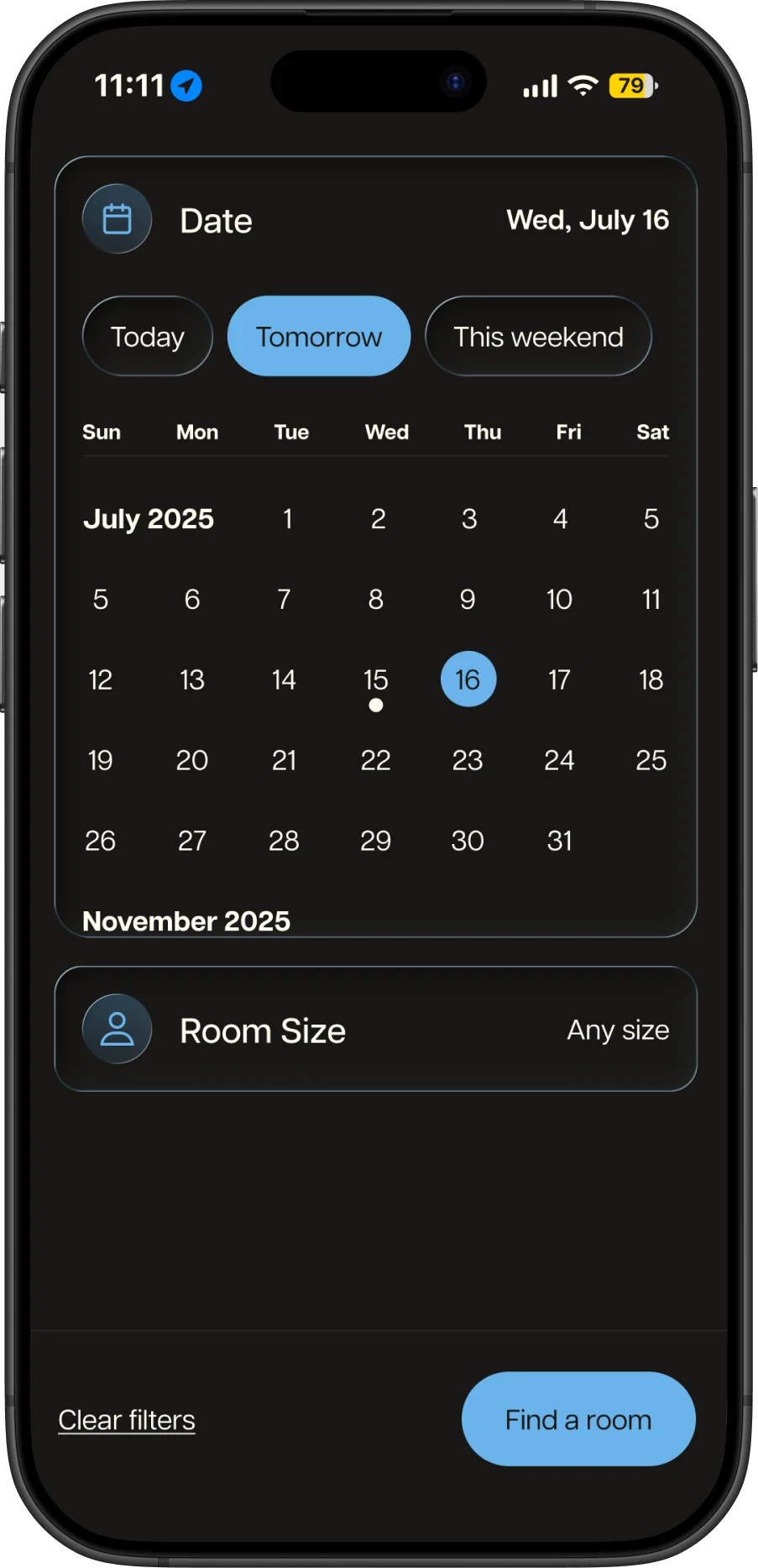 Filters: a date picker with Today, Tomorrow, and This weekend