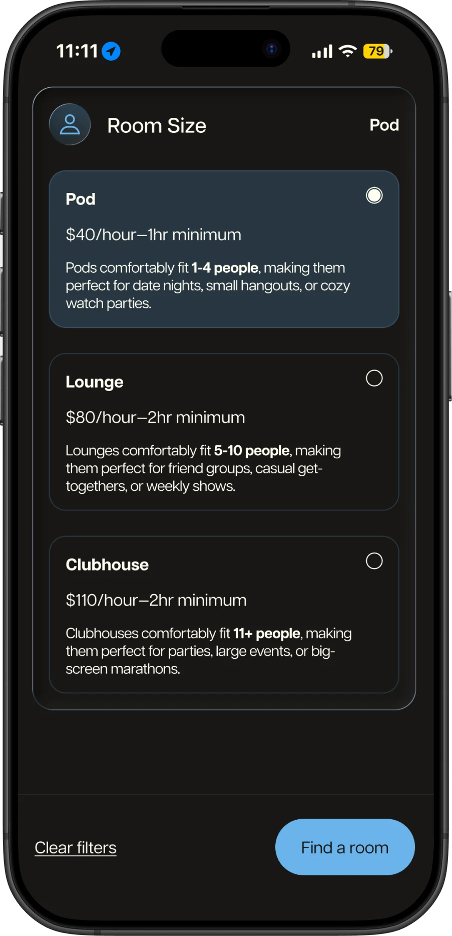 Filters: pod, lounge, or clubhouse, each with its price and size