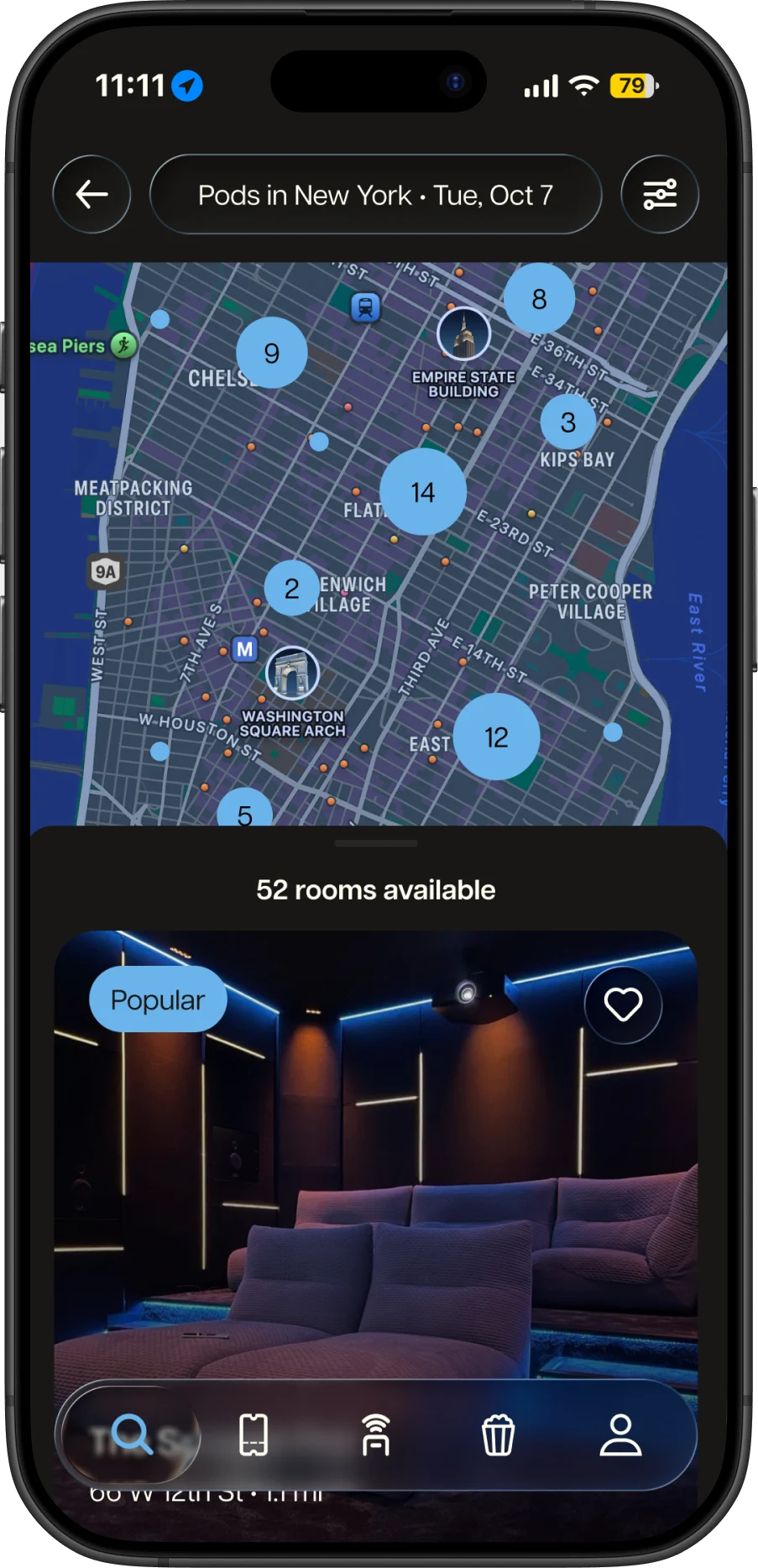 A map of pods available in New York, with 52 rooms listed below