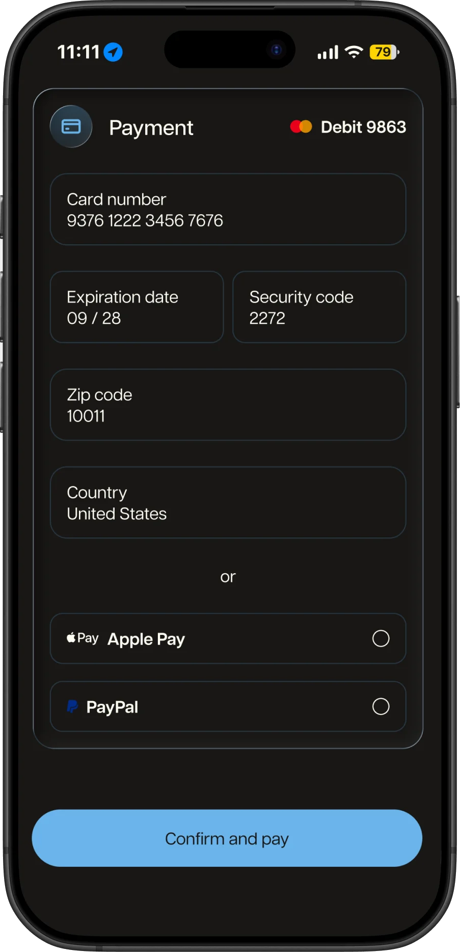 Payment: card details, Apple Pay, or PayPal