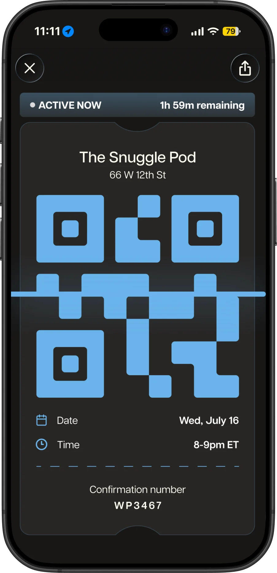 An active QR ticket for The Snuggle Pod, with the date, time, and confirmation number