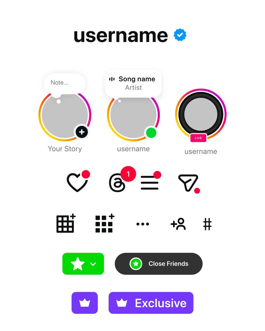 Existing Instagram components: username with verified badge, story rings, notification and action icons, and the Close Friends and Exclusive badges