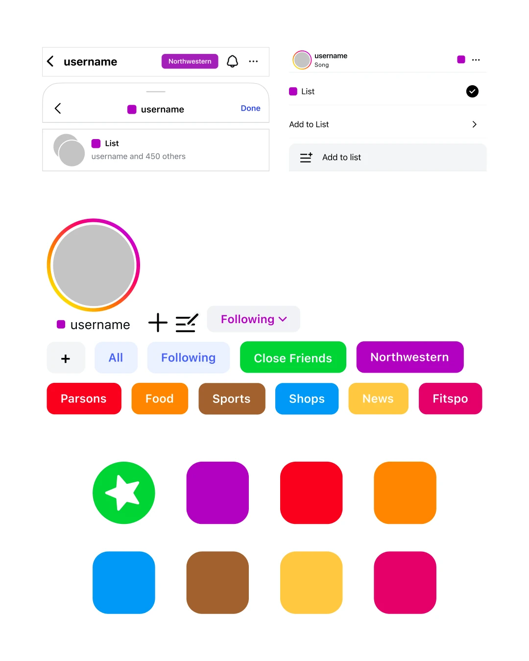 Final designs: list badge in the profile header, add-to-list menus, list pills on Home, and the eight list colors