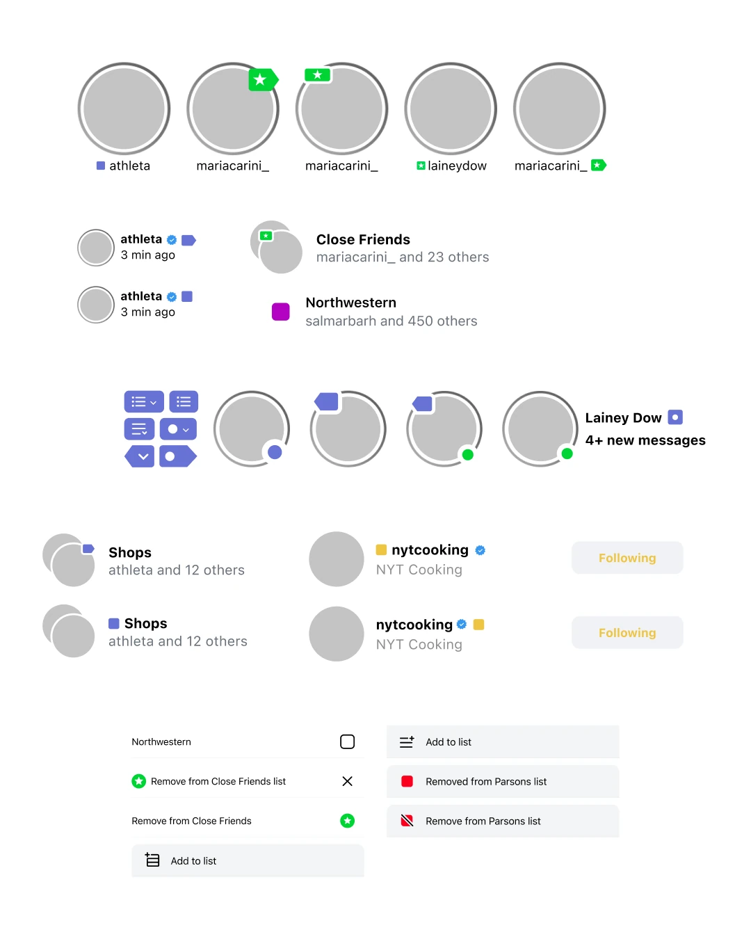 Tested list markers on story avatars, profile rows, list pickers, following buttons, and add or remove menus