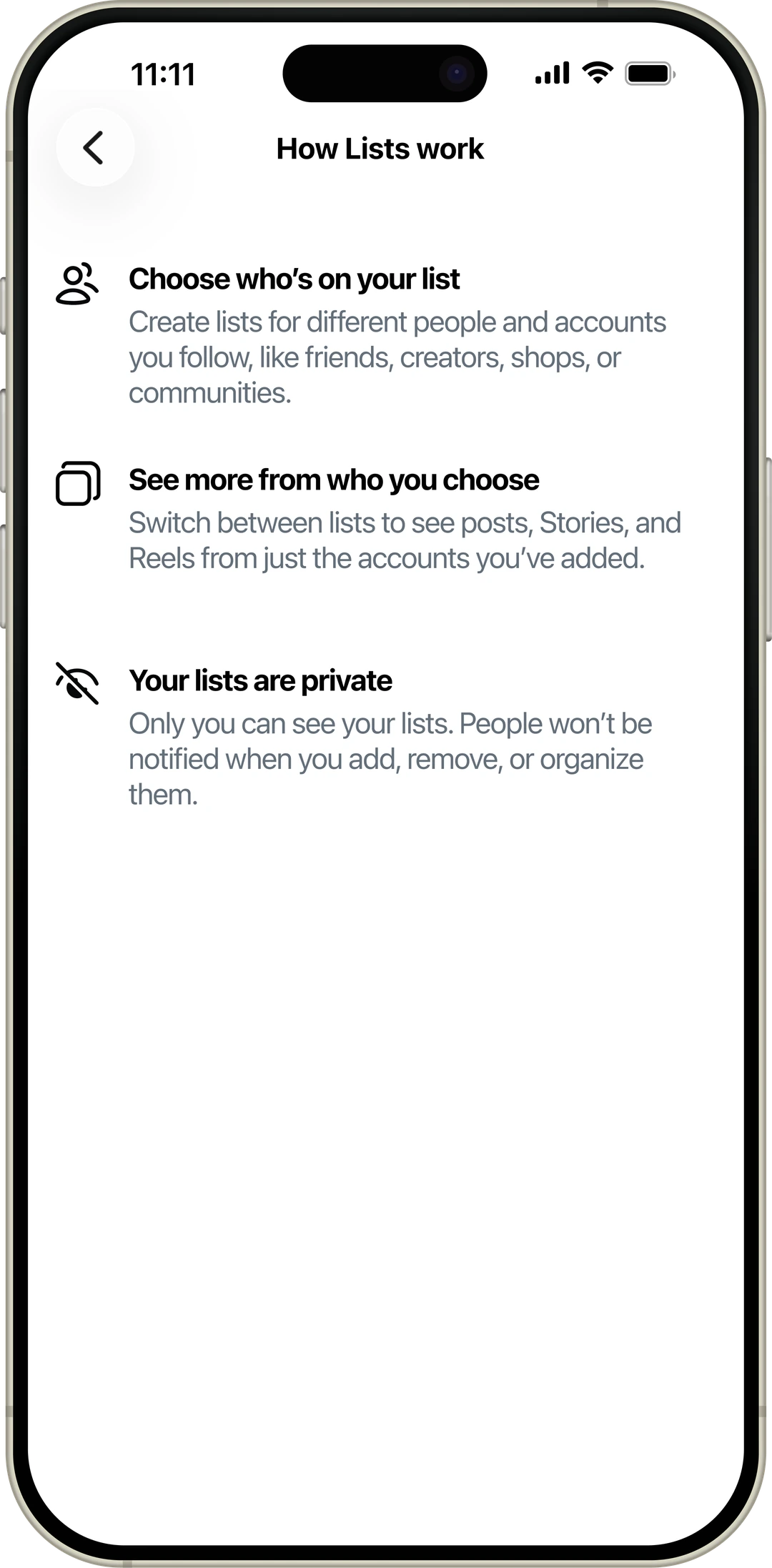 How Lists work: choose who’s on your list, see more from who you choose, and keep your lists private