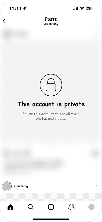 Private posts shown blurred in the public view