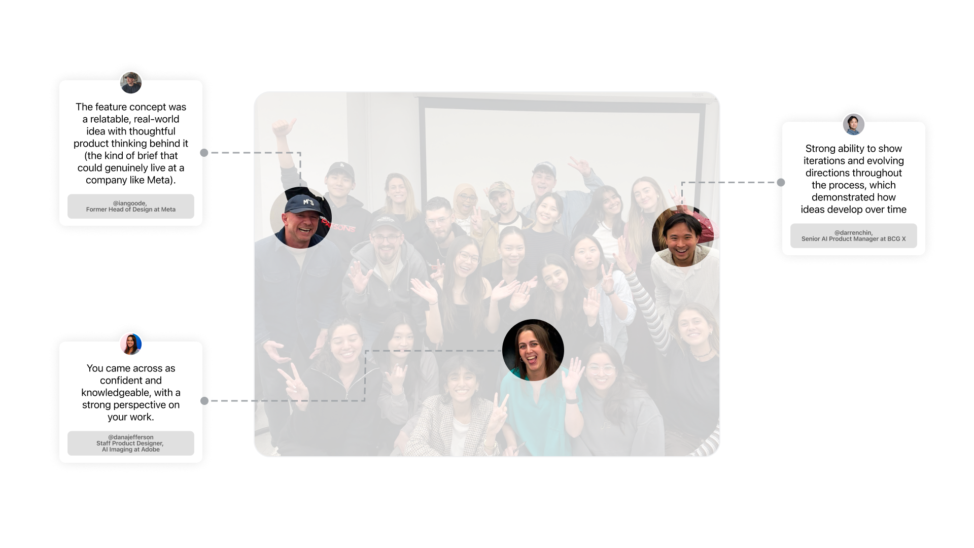 Review panel and classmates, with feedback from Ian Goode on product thinking, Darren Chin on design iteration, and Dana Jefferson on a confident, knowledgeable presentation