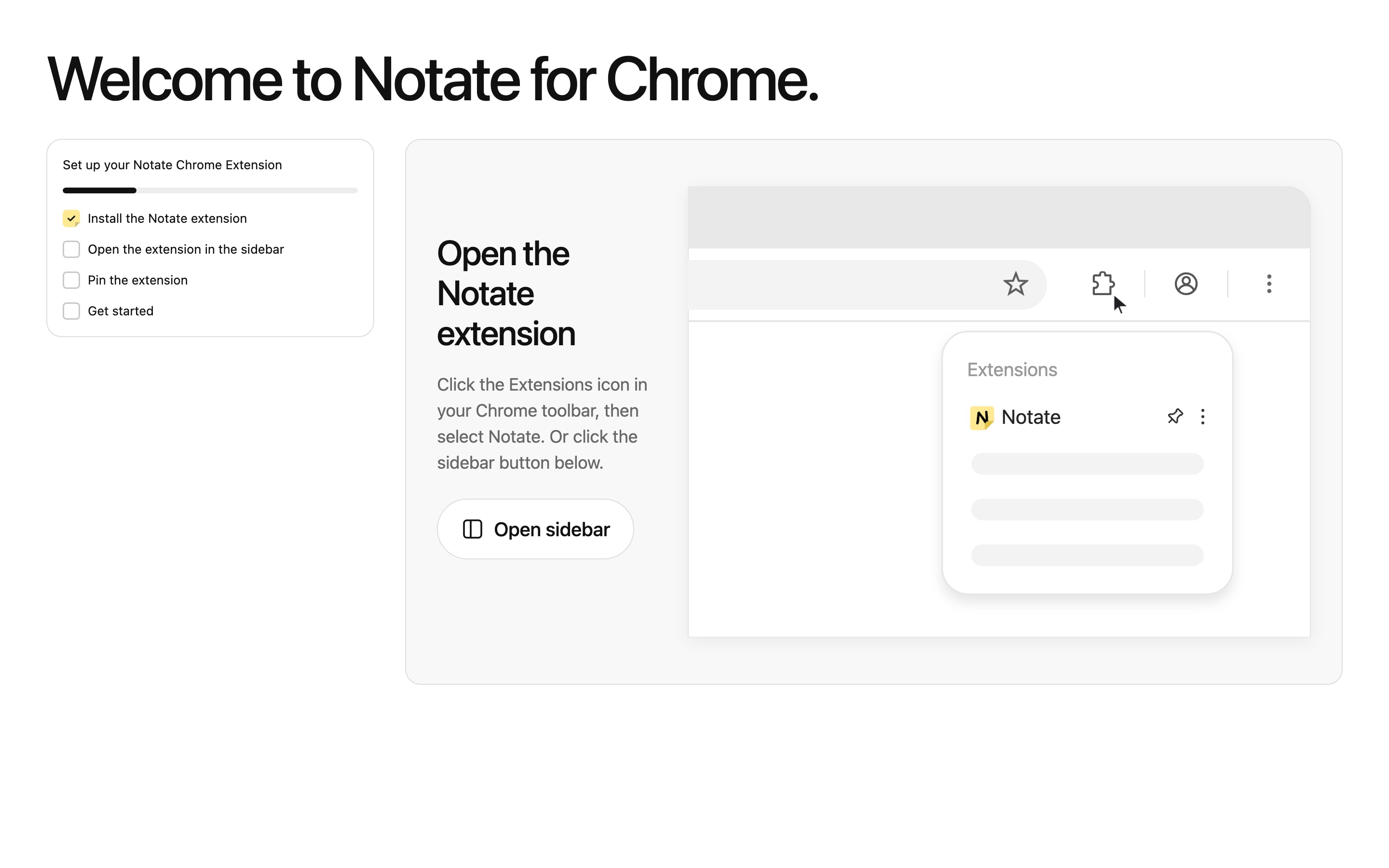 Notate’s welcome page: a setup checklist beside the step to open the extension from Chrome’s Extensions menu.