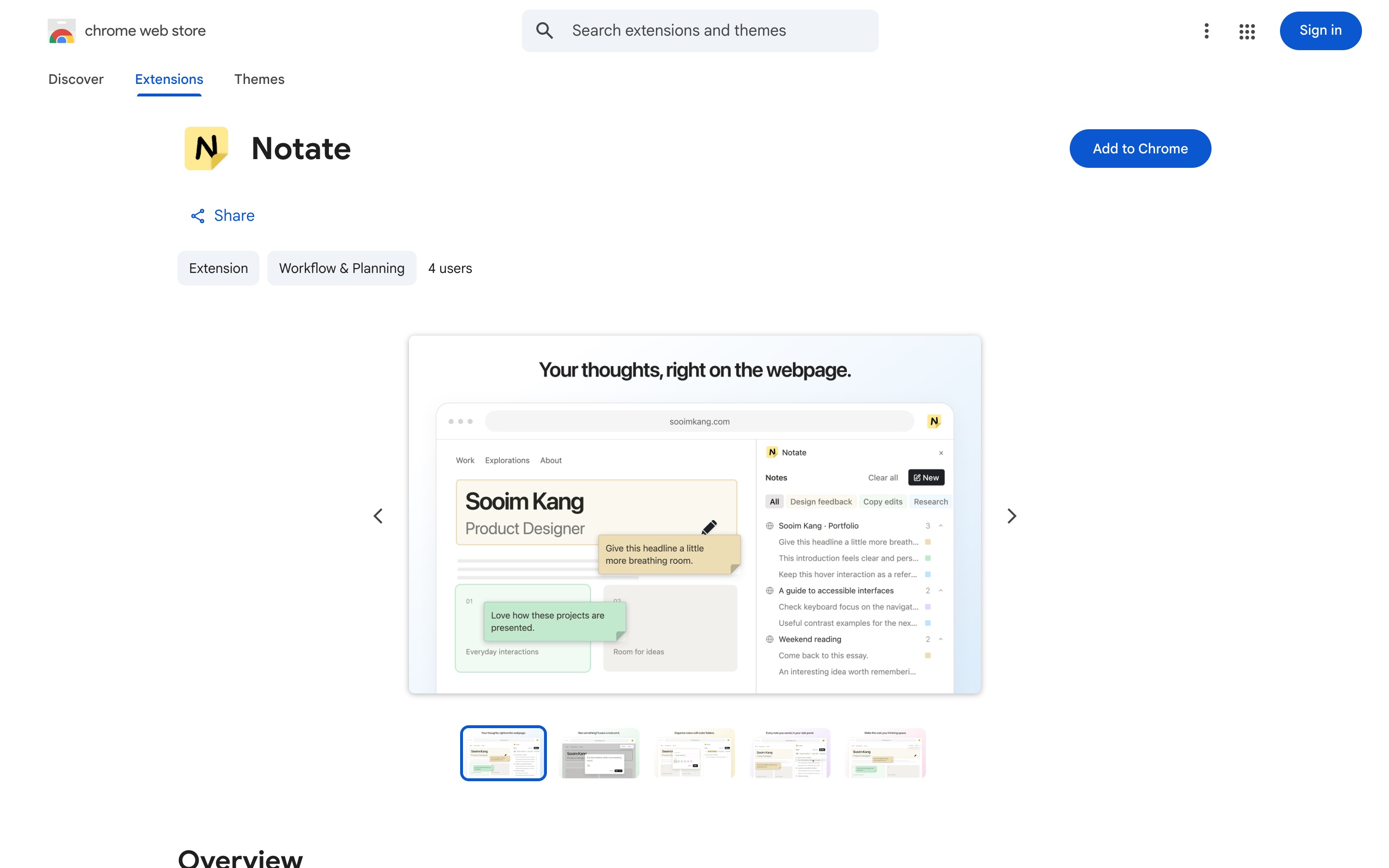 The live Notate listing on the Chrome Web Store, with the Add to Chrome button and the first store screenshot.