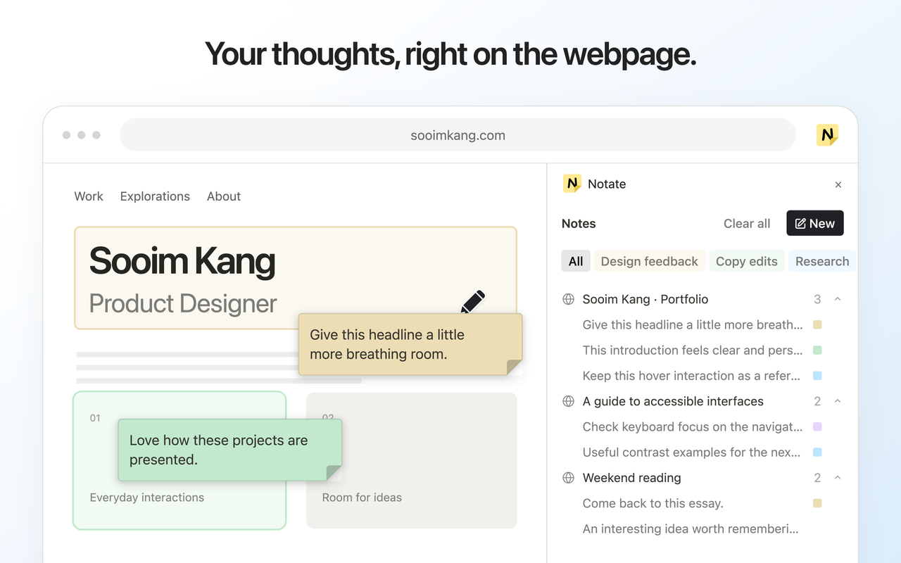 Chrome Web Store screenshot: Your thoughts, right on the webpage.
