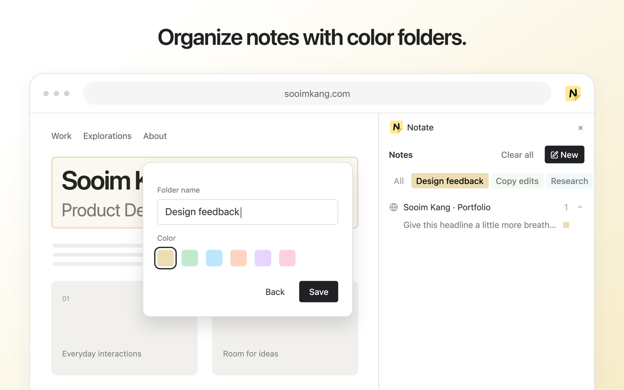 Chrome Web Store screenshot: Organize notes with color folders.