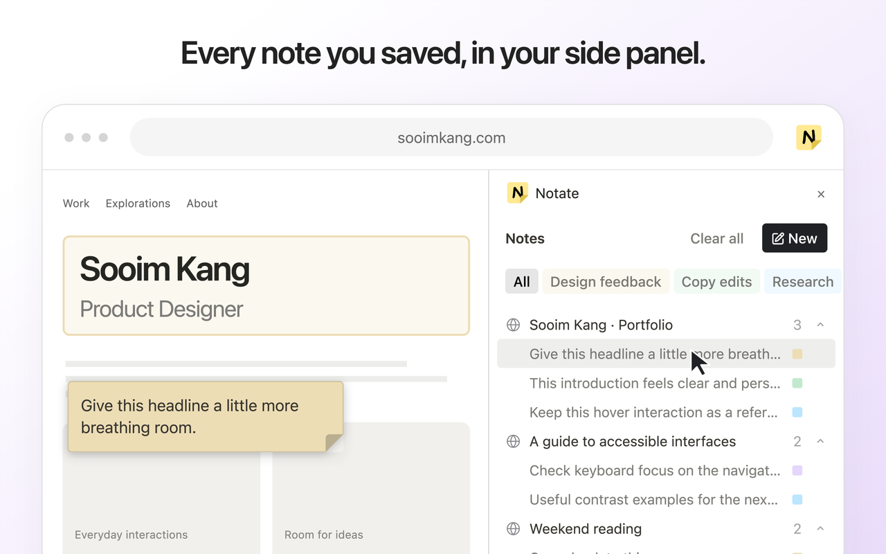 Chrome Web Store screenshot: Every note you saved, in your side panel.