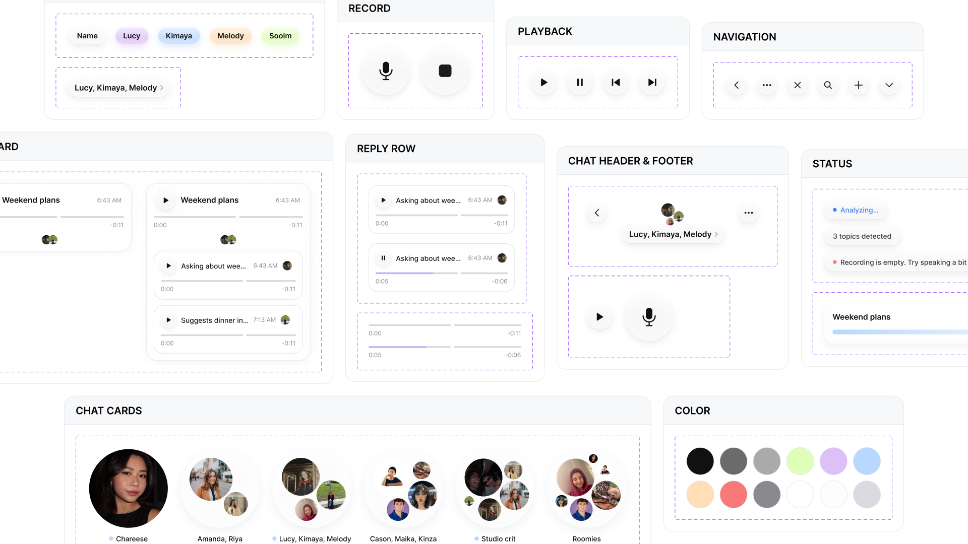 yap’s component library in Figma: glass navigation, playback, and record buttons, name tags, chat cards for one to six people, topic cards, reply rows, status pills, the chat header and footer, and color