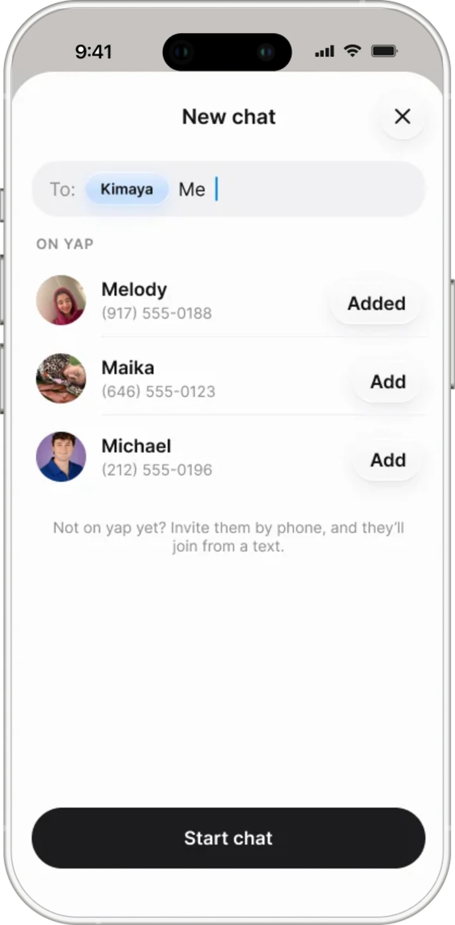 New chat: friends already on yap listed with Add buttons, and a note that anyone else can be invited by phone