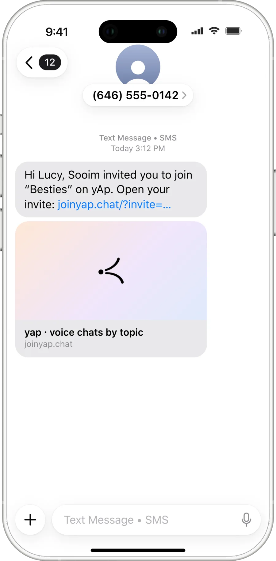 The text an invited friend receives: Sooim invited you to join Besties on yap, with the invite link