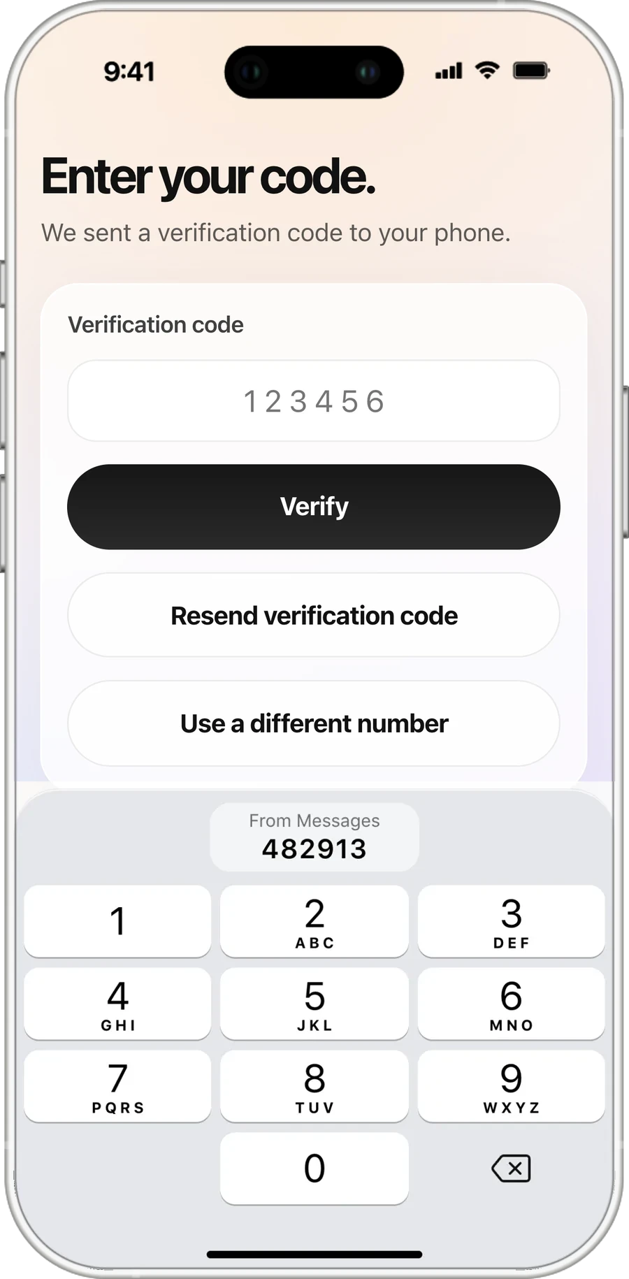 Entering the code, with iOS offering it from Messages above the keypad