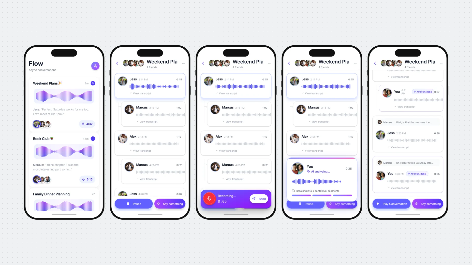Direction 1: Threaded replies, in purple: replies nested under the memo they answer, and a new memo being analyzed into three segments
