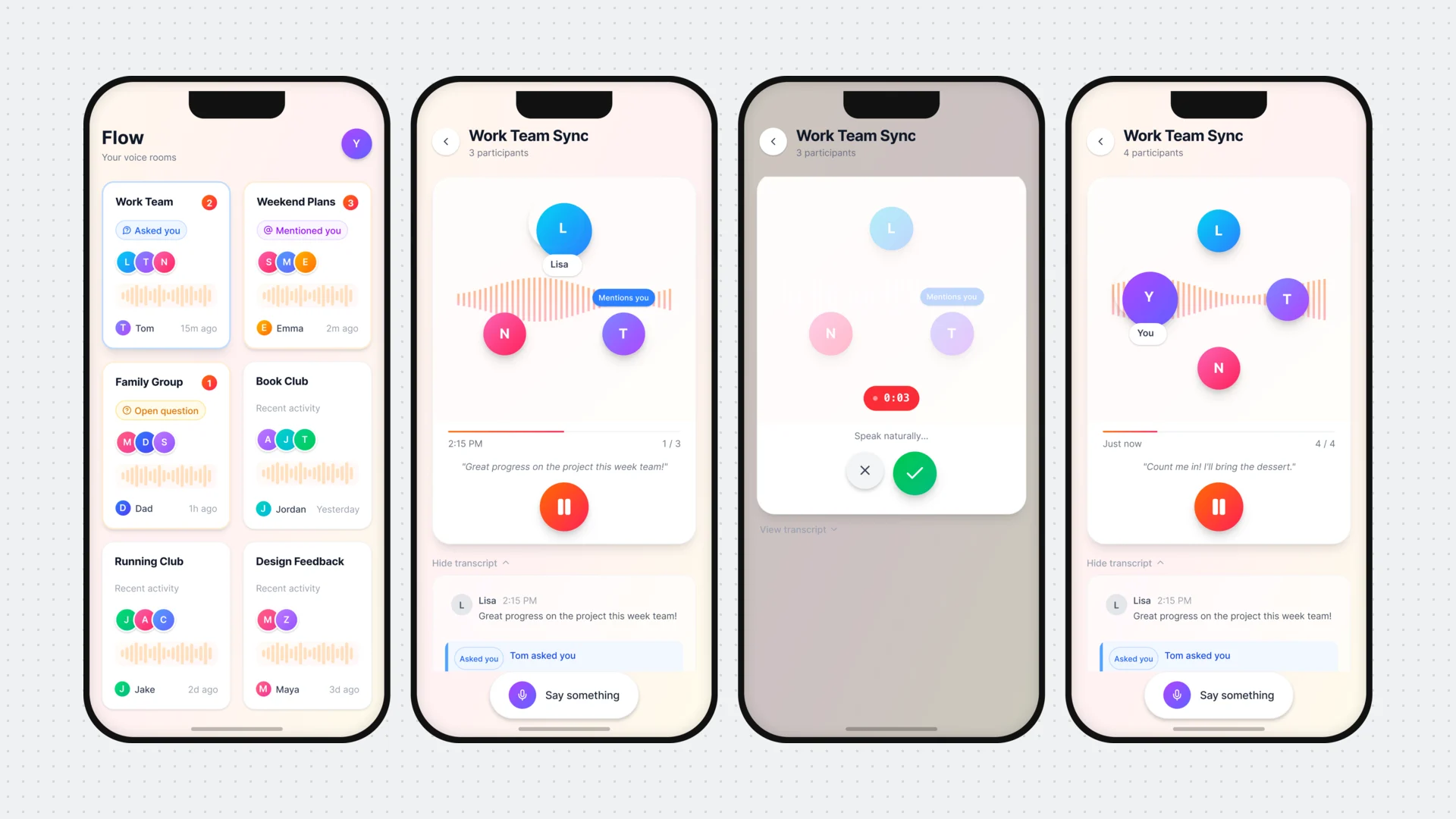 Direction 2: Light voice rooms: chat cards with “Asked you” and “Mentioned you” tags, the person talking in the middle, and a recording state