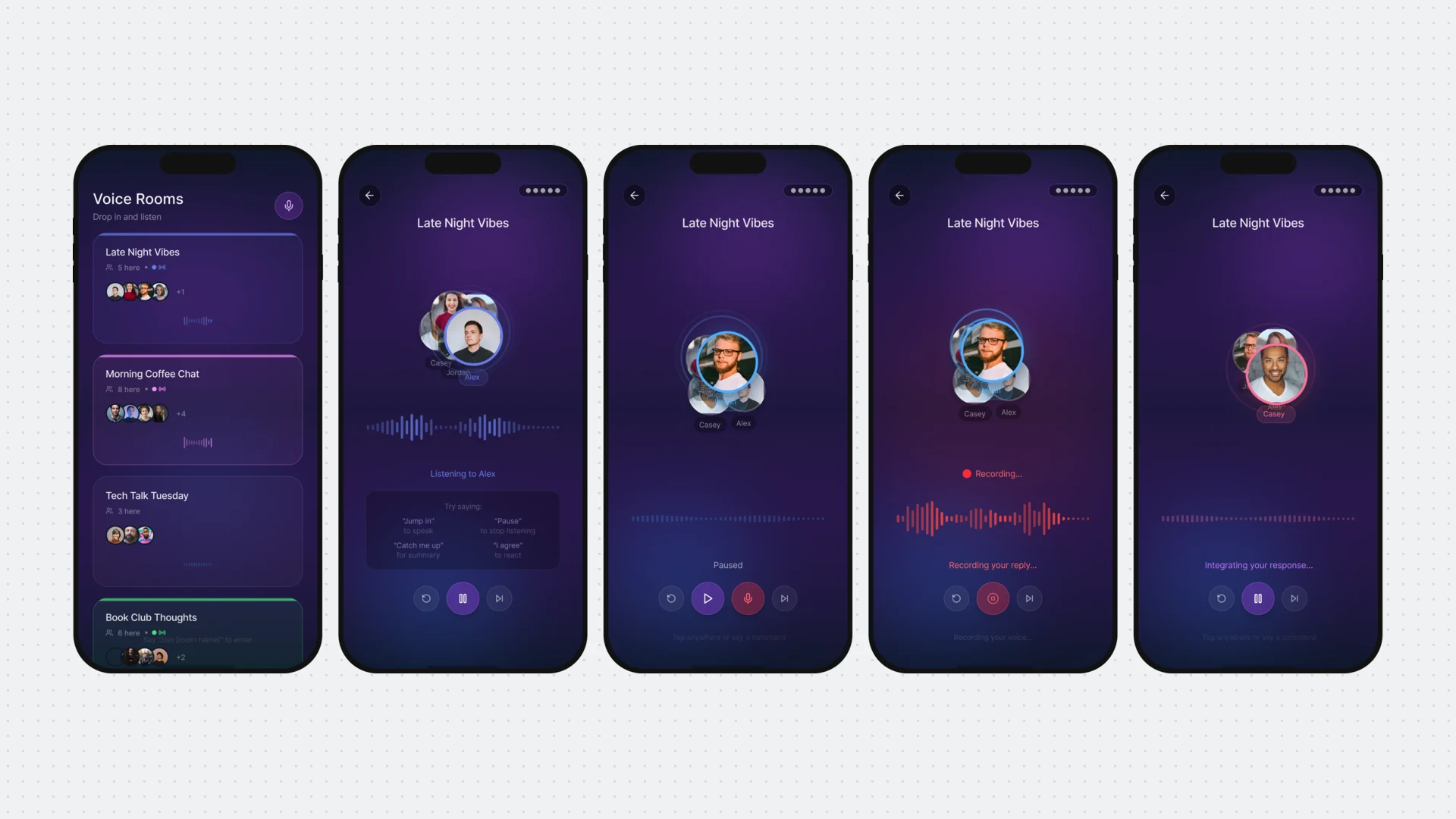 Direction 3: Dark voice rooms: members floating around whoever is talking, with glowing rings and stacked avatars
