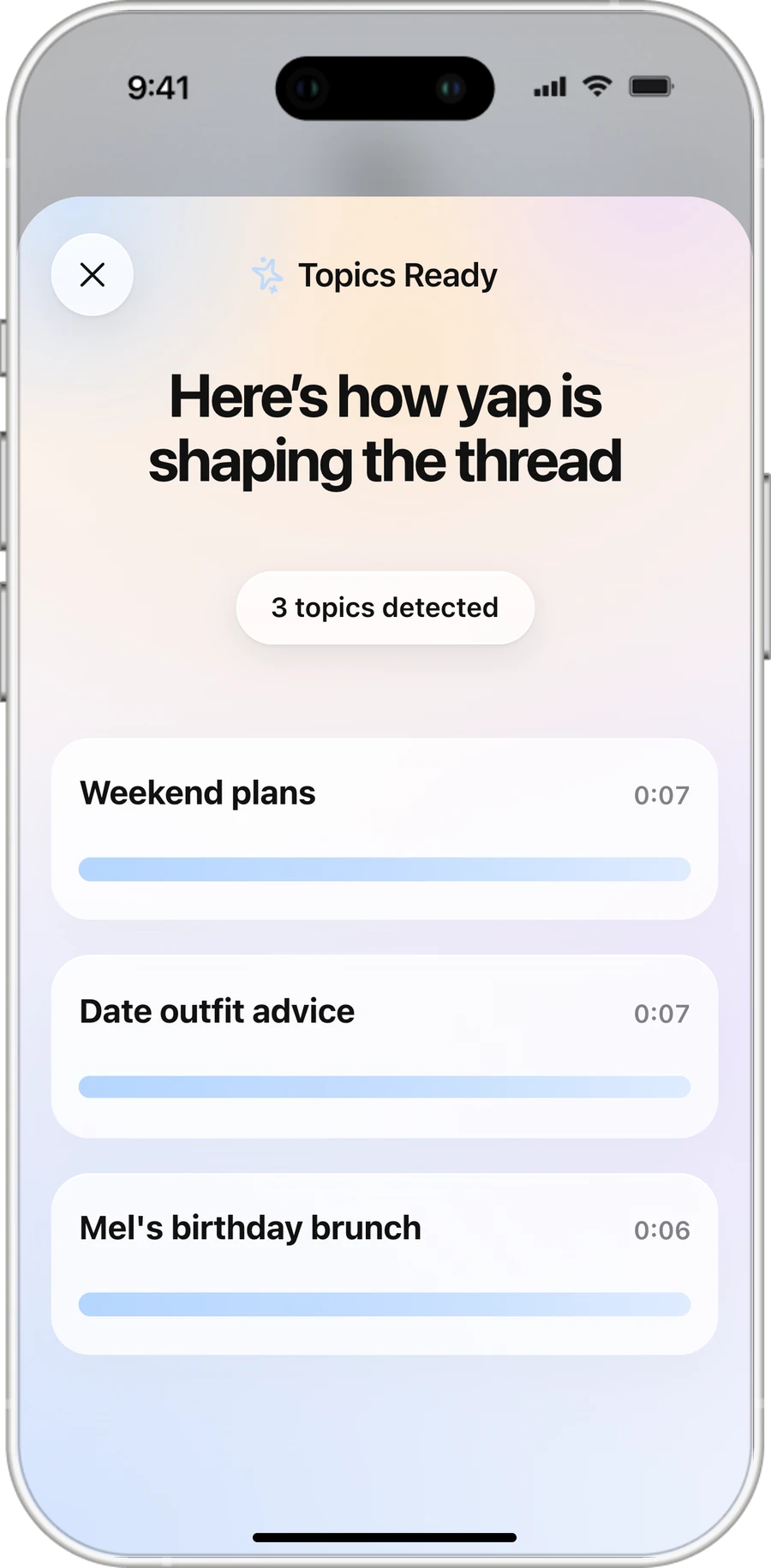 yap shows three topics it found in the memo, each with its own clip length
