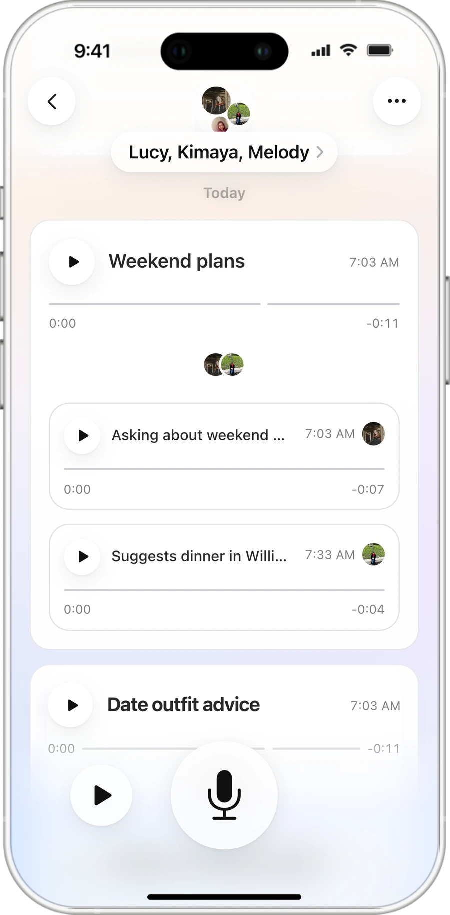An open topic with two voice replies threaded under it