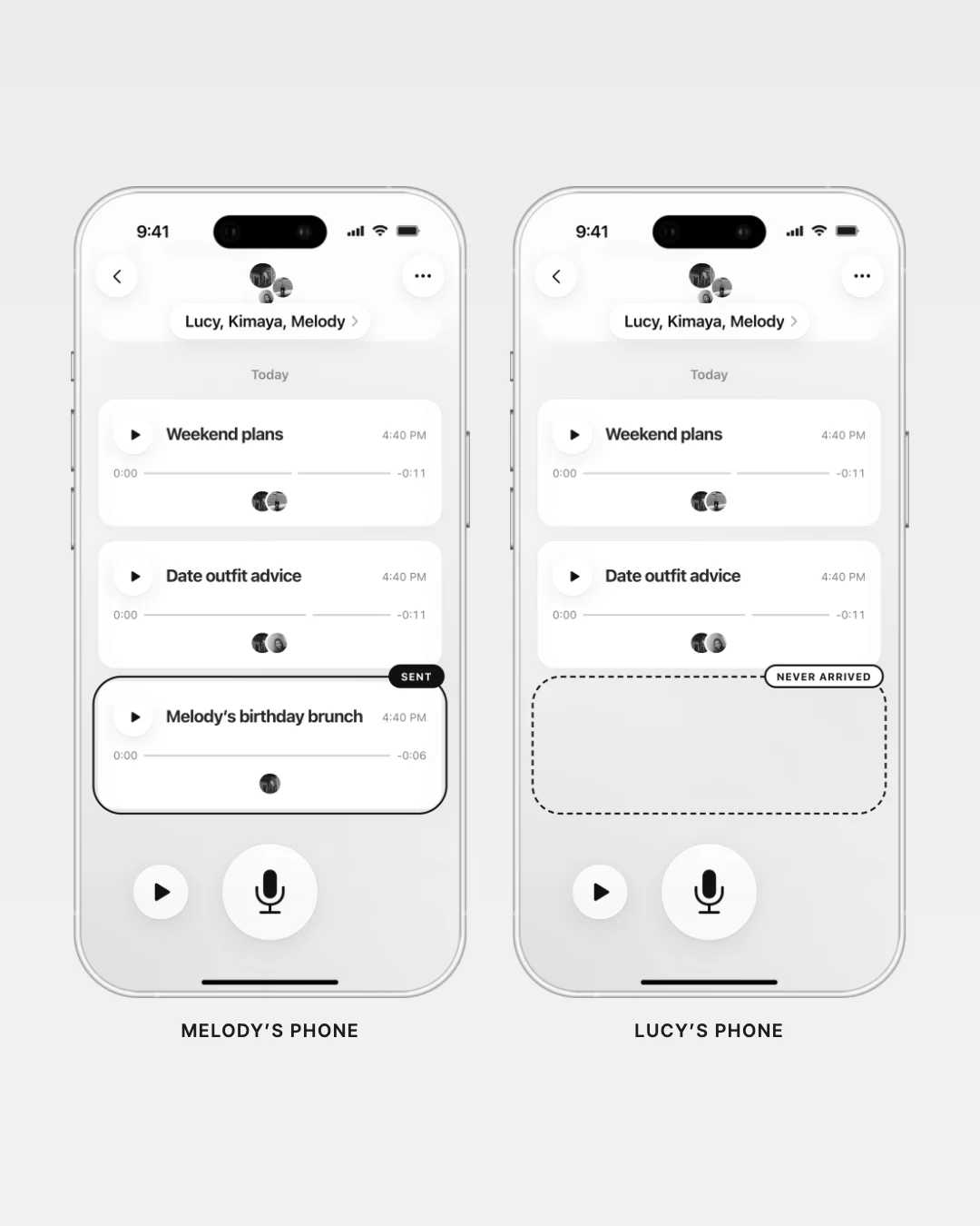 Bug 03, in black and white: Melody’s phone shows her new memo as sent, while the same chat on Lucy’s phone has an empty slot where it never arrived
