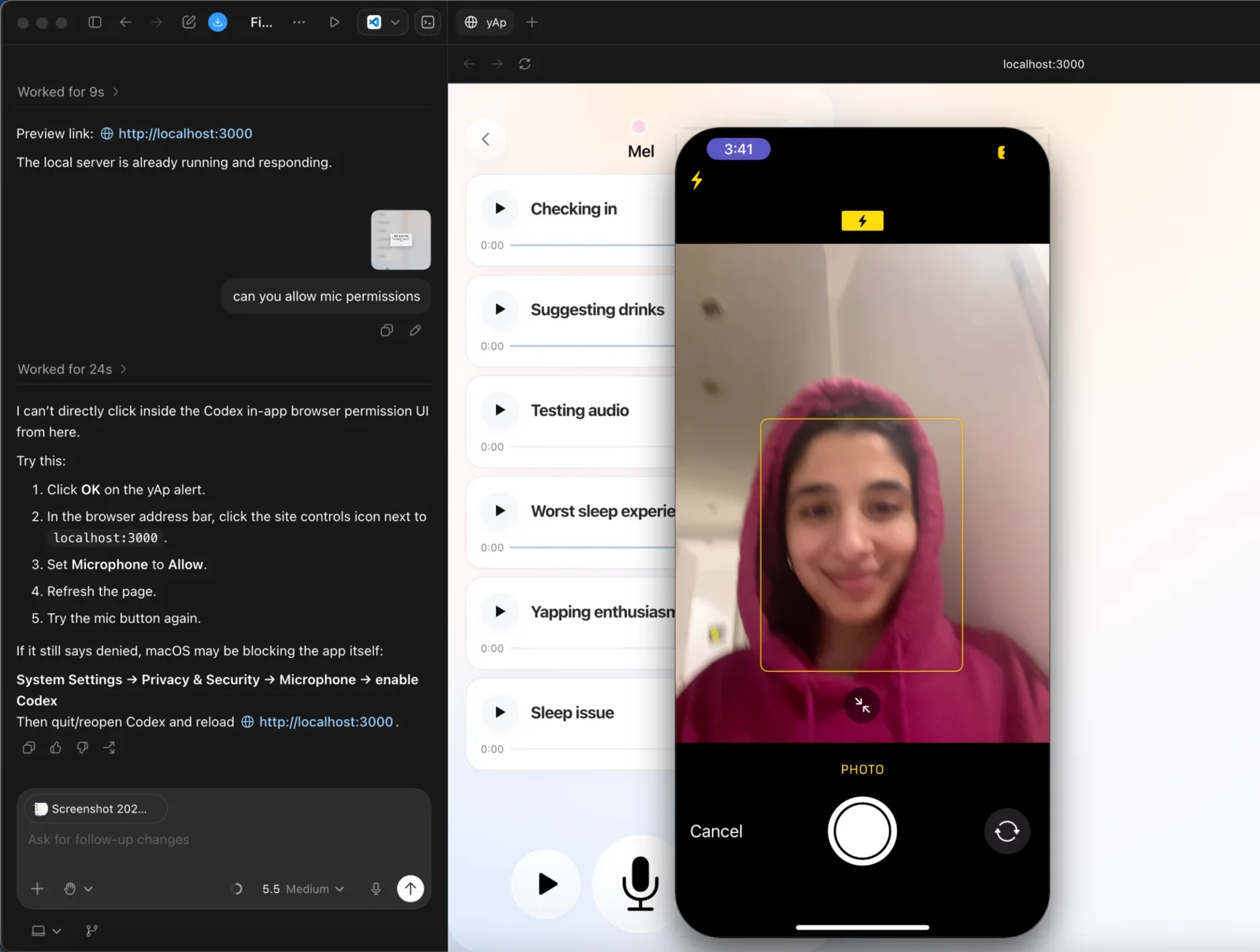 Virtual testing with Mel: the coding agent on the left, yap running on localhost with Mel’s topics, and Mel’s phone mirrored on top
