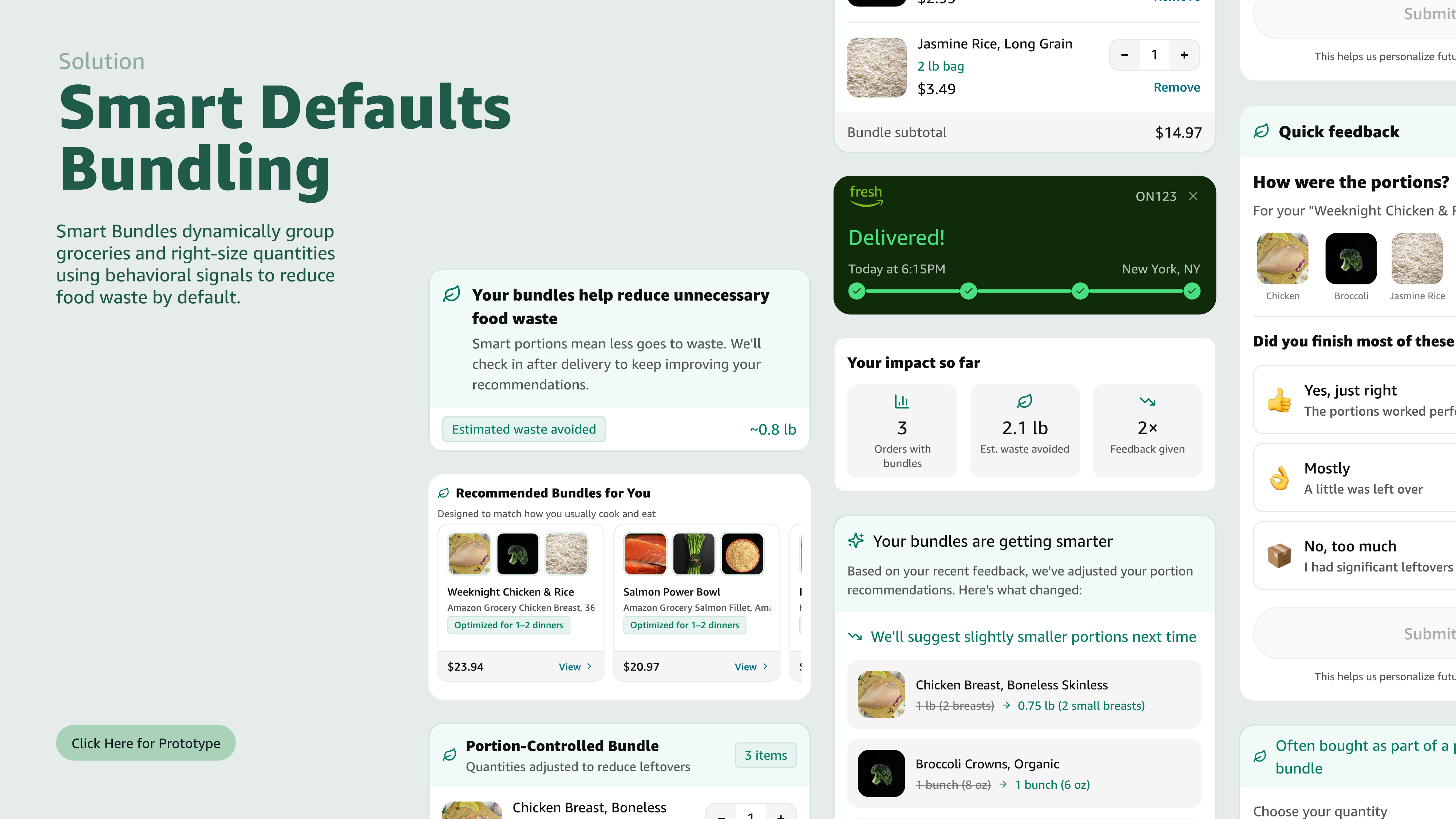 Smart Bundles — recommended bundles feed, portion-controlled cart, and post-delivery impact summary